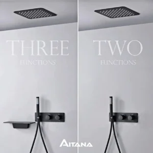 Modern Black Brass Bathroom Thermostatic Ceiling Type Shower System Wall-Mounted 3-Function Waterfall Tap for Cold & Hot Wate