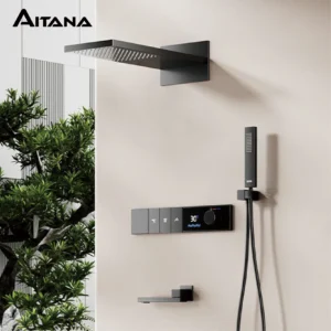 Luxury Gun Grey Brass Embedded LED Digital Display Shower System Wall-Mounted 2 Function Waterfall/Rainfall Bathroom Faucet